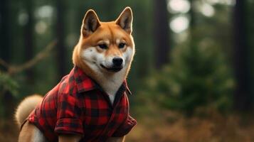 AI generated Dog wearing a red lumberjack shirt on green nature background photo