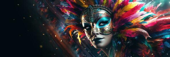 AI generated Woman celebrating carnival party. Female with carnival mask in costume, Carnival festival photo