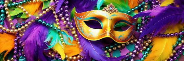 ai generado mardi hierba, veneciano o carnaval máscara púrpura antecedentes. carnaval festival, tradicional decoración, simbólico colores foto