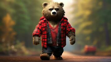 AI generated Bear wearing a red lumberjack shirt on green nature background photo