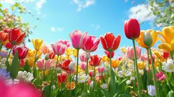 AI generated Beautiful tulip field aesthetic scenery background. Blooming Tulip garnden, Colorful flowers, Spring time photo
