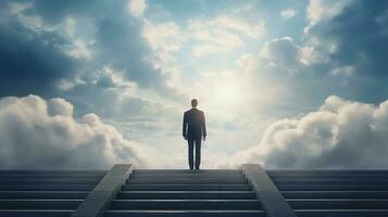 AI generated Businessman standing on top of stair cloudy sky background. Business goal and success concept, achievement, leadership photo