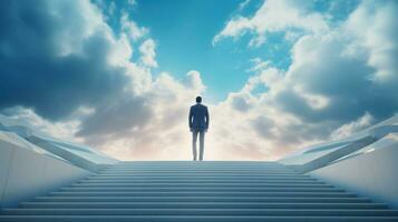 AI generated Businessman standing on top of stair cloudy sky background. Business goal and success concept, achievement, leadership photo