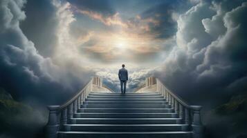 AI generated Businessman standing on top of stair cloudy sky background. Business goal and success concept, achievement, leadership photo