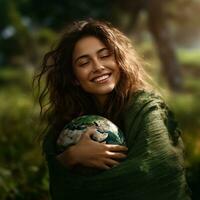 AI generated Happy Woman Hugging Planet Earth. Female Embracing Globe Earth for World Protection, Earth Day, World Environment Day, Save th World. Zero Carbon Dioxide Emissions photo