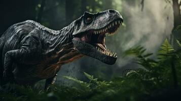 ai generado tiranosaurio rex en el verde prehistórico selva bosque. tirano saurio Rex el caza dinosaurios es un grande carnívoro dinosaurio ese vivido en el tarde cretáceo período foto