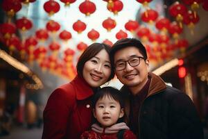 ai generado contento asiático familia celebrando chino nuevo año al aire libre foto