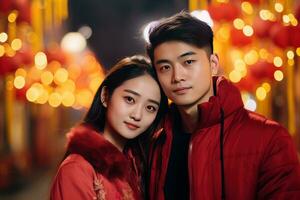 AI generated Happy Asian Couple Celebrating Chinese New Year Outdoors photo