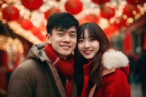 ai generado contento asiático Pareja celebrando chino nuevo año al aire libre foto