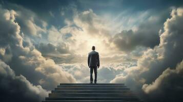 AI generated Businessman standing on top of stair cloudy sky background. Business goal and success concept, achievement, leadership photo