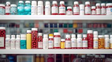 AI generated Pharmacy drugstore retail. Healthcare products, Medicine, Drugs, Vitamins, Wellness photo