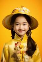 AI generated Studio portrait of happy asian girl wear traditional chinese costume on yellow background, Happy chinese new year. photo