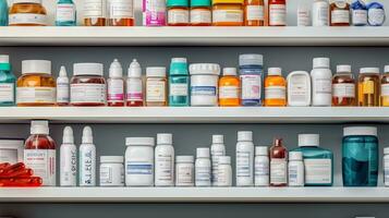 AI generated Pharmacy drugstore retail. Healthcare products, Medicine, Drugs, Vitamins, Wellness photo