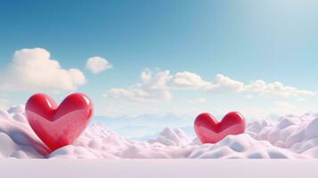 AI generated Red heart with cloudy blue sky background. Valentine's day sale banner, Happy valentines scene for products showcase photo