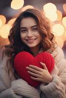 AI generated Happy Woman Hugging Red Heart. Female Embracing Heart for Valentines Celebration, In Love, Happy Valentine's Day photo