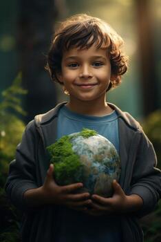 AI generated Happy Kid Hugging Planet Earth. Boy Embracing Globe Earth for World Protection, Earth Day, World Environment Day, Save th World. Zero Carbon Dioxide Emissions photo