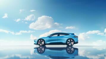 ai generado eléctrico vehículo coche o ev coche en nublado azul cielo antecedentes. sostenible y renovable energía concepto foto