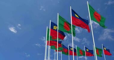 Liechtenstein and Bangladesh Flags Waving Together in the Sky, Seamless Loop in Wind, Space on Left Side for Design or Information, 3D Rendering video