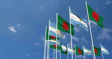 Argentina and Bangladesh Flags Waving Together in the Sky, Seamless Loop in Wind, Space on Left Side for Design or Information, 3D Rendering video