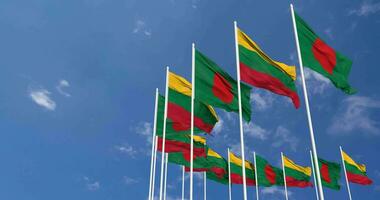 Lithuania and Bangladesh Flags Waving Together in the Sky, Seamless Loop in Wind, Space on Left Side for Design or Information, 3D Rendering video