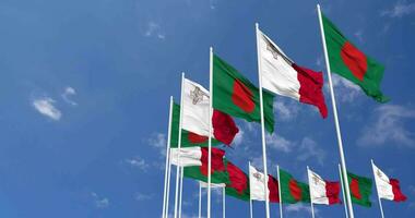 Malta and Bangladesh Flags Waving Together in the Sky, Seamless Loop in Wind, Space on Left Side for Design or Information, 3D Rendering video