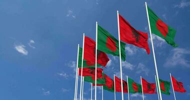 Albania and Bangladesh Flags Waving Together in the Sky, Seamless Loop in Wind, Space on Left Side for Design or Information, 3D Rendering video