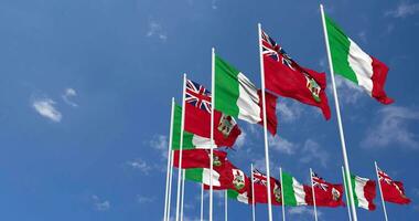 Bermuda and Italy Flags Waving Together in the Sky, Seamless Loop in Wind, Space on Left Side for Design or Information, 3D Rendering video