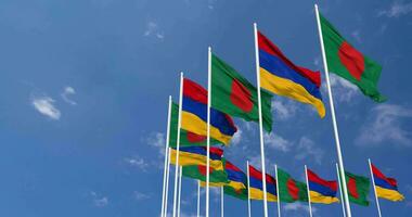 Armenia and Bangladesh Flags Waving Together in the Sky, Seamless Loop in Wind, Space on Left Side for Design or Information, 3D Rendering video