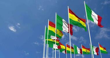 Bolivia and Italy Flags Waving Together in the Sky, Seamless Loop in Wind, Space on Left Side for Design or Information, 3D Rendering video