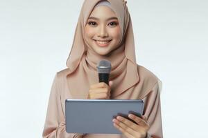 ai generado un asiático hembra presentador en un hijab sostiene un mic en un blanco antecedentes foto