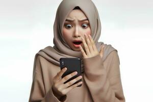 AI generated an asian woman in a hijab holds a smartphone and looks at it with a shocked expression isolated on a white background photo