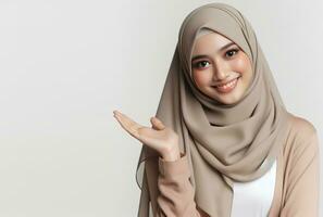 AI generated asian muslim woman in hijab with hands posing isolated white background photo