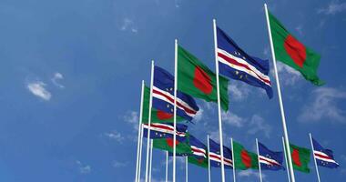Cape Verde, Cabo Verde and Bangladesh Flags Waving Together in the Sky, Seamless Loop in Wind, Space on Left Side for Design or Information, 3D Rendering video