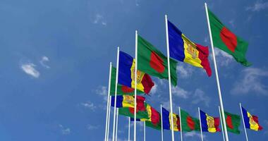 Andorra and Bangladesh Flags Waving Together in the Sky, Seamless Loop in Wind, Space on Left Side for Design or Information, 3D Rendering video