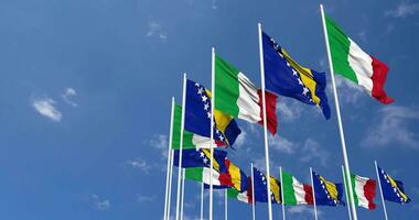 Bosnia and Herzegovina and Italy Flags Waving Together in the Sky, Seamless Loop in Wind, Space on Left Side for Design or Information, 3D Rendering video