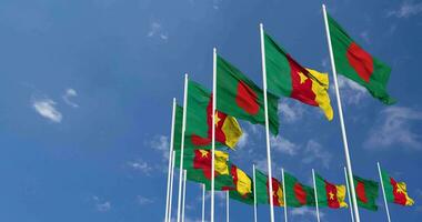 Cameroon and Bangladesh Flags Waving Together in the Sky, Seamless Loop in Wind, Space on Left Side for Design or Information, 3D Rendering video