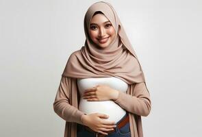 AI generated Asian woman in hijab with pose holding pregnant belly and smiling facial expression isolated white background photo