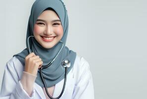 AI generated portrait of a smiling female doctor with stethoscope isolated white background photo