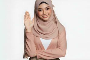 AI generated asian muslim woman in hijab with hands posing isolated white background photo