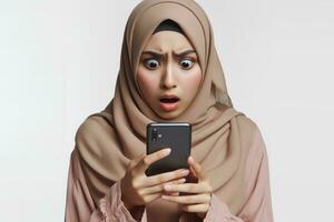 ai generado un asiático mujer en un hijab sostiene un teléfono inteligente y mira a eso con un conmocionado expresión aislado en un blanco antecedentes foto