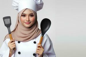 ai generado un asiático hembra cocinero en un hijab participación un espátula en un blanco antecedentes foto