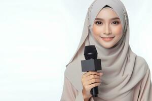 ai generado un asiático hembra presentador en un hijab sostiene un mic en un blanco antecedentes foto