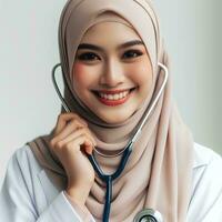 AI generated portrait of a smiling female doctor with stethoscope isolated white background photo