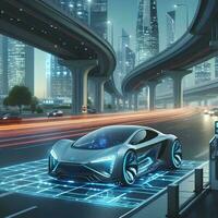 AI generated Highway Network Infrastructure Banner Futuristic Electric Sports Car at Charging Station with Full Self-Driving System and Wide HUD Data Space photo