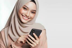 ai generado asiático musulmán mujer en hijab con mano participación inteligente teléfono aislado blanco antecedentes foto