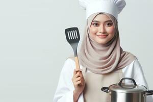ai generado un asiático hembra cocinero en un hijab participación un espátula en un blanco antecedentes foto