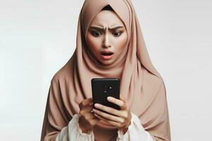 ai generado un asiático mujer en un hijab sostiene un teléfono inteligente y mira a eso con un conmocionado expresión aislado en un blanco antecedentes foto