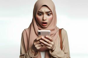 ai generado un asiático mujer en un hijab sostiene un teléfono inteligente y mira a eso con un conmocionado expresión aislado en un blanco antecedentes foto