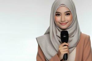 ai generado un asiático hembra presentador en un hijab sostiene un mic en un blanco antecedentes foto