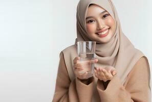 AI generated asian muslim woman in hijab with hand holding glass isolated white background photo